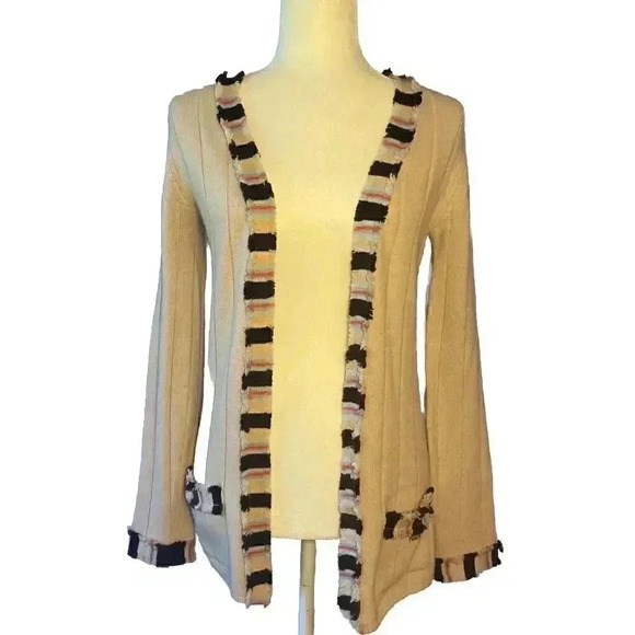 CHANEL Cashmere Cardigan 36 Small S Long Sweater Fringe Striped Front 2 Pockets - Picture 1 of 11